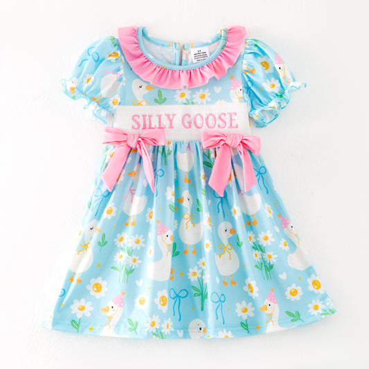 Girls Summer SILLY GOOSE Print Smocked Embroidered Dress