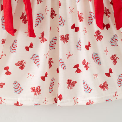 Christmas Tis The Season Sister Embroidered Red Bow Dress&Romper