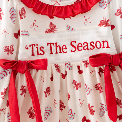 Christmas Tis The Season Sister Embroidered Red Bow Dress&Romper