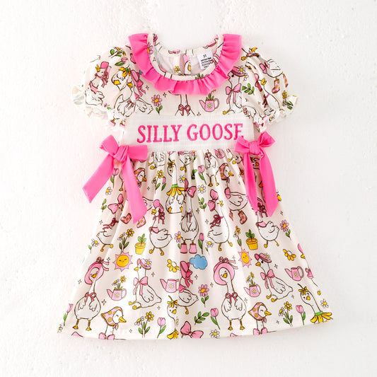 Girls Summer SILLY GOOSE Print Smocked Embroidered Dress