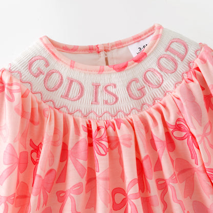 Girls Fall God Is Good Embroidery Smock Pink Bow Dress & Bubble