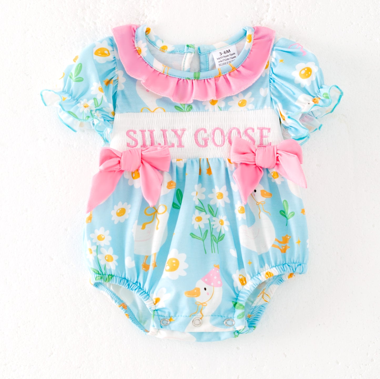 Baby Kids SILLY GOOSE Print Smocked Embroidered Romper