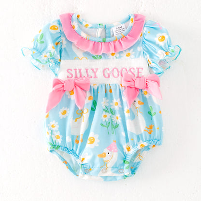 Baby Kids SILLY GOOSE Print Smocked Embroidered Romper