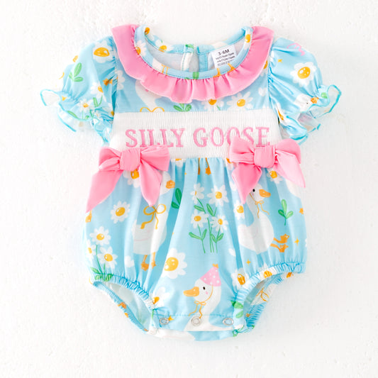 Baby Kids SILLY GOOSE Print Smocked Embroidered Romper