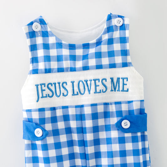 Baby Boy "JESUS LOVES ME" Blue Plaid Embroidery Romper