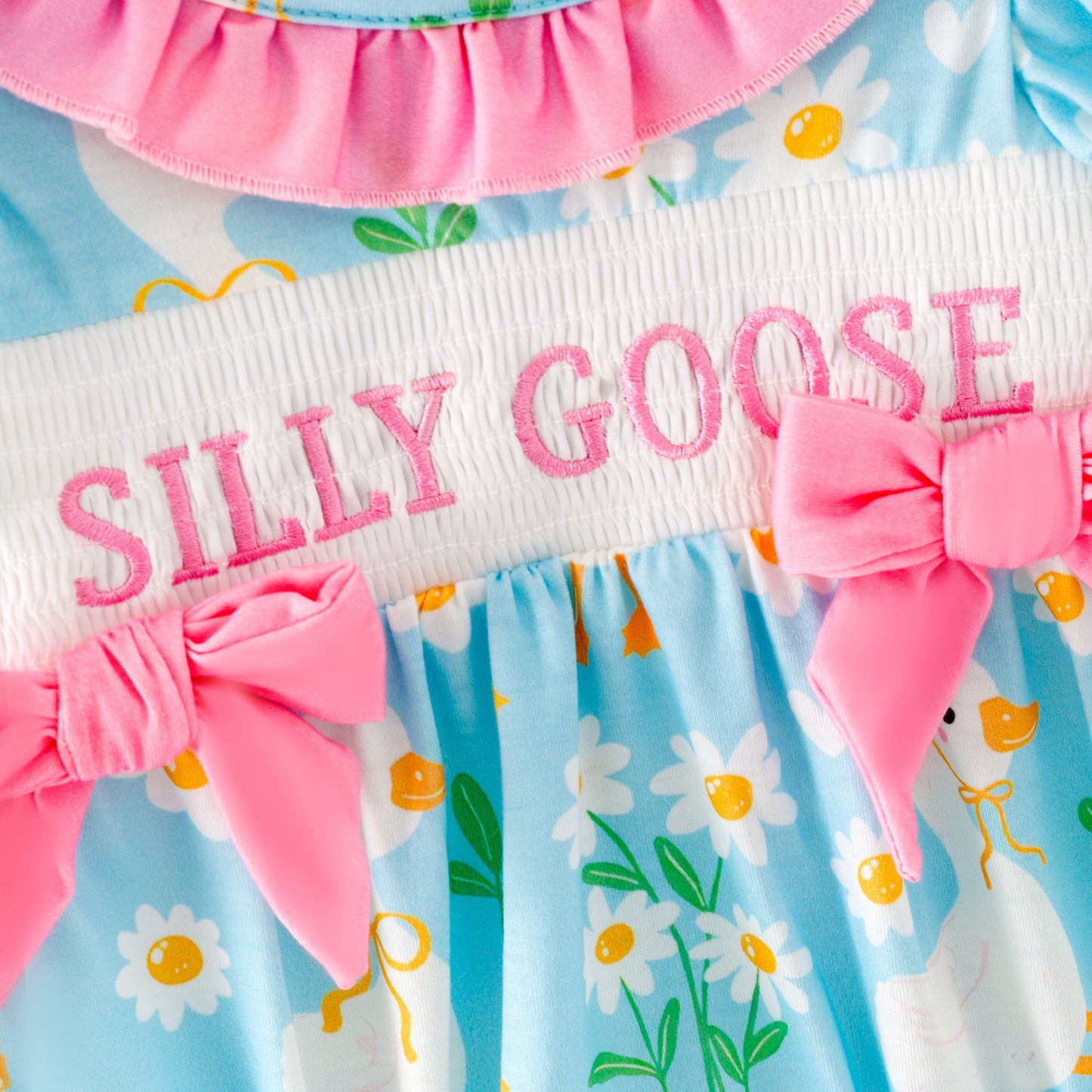 Baby Kids SILLY GOOSE Print Smocked Embroidered Romper