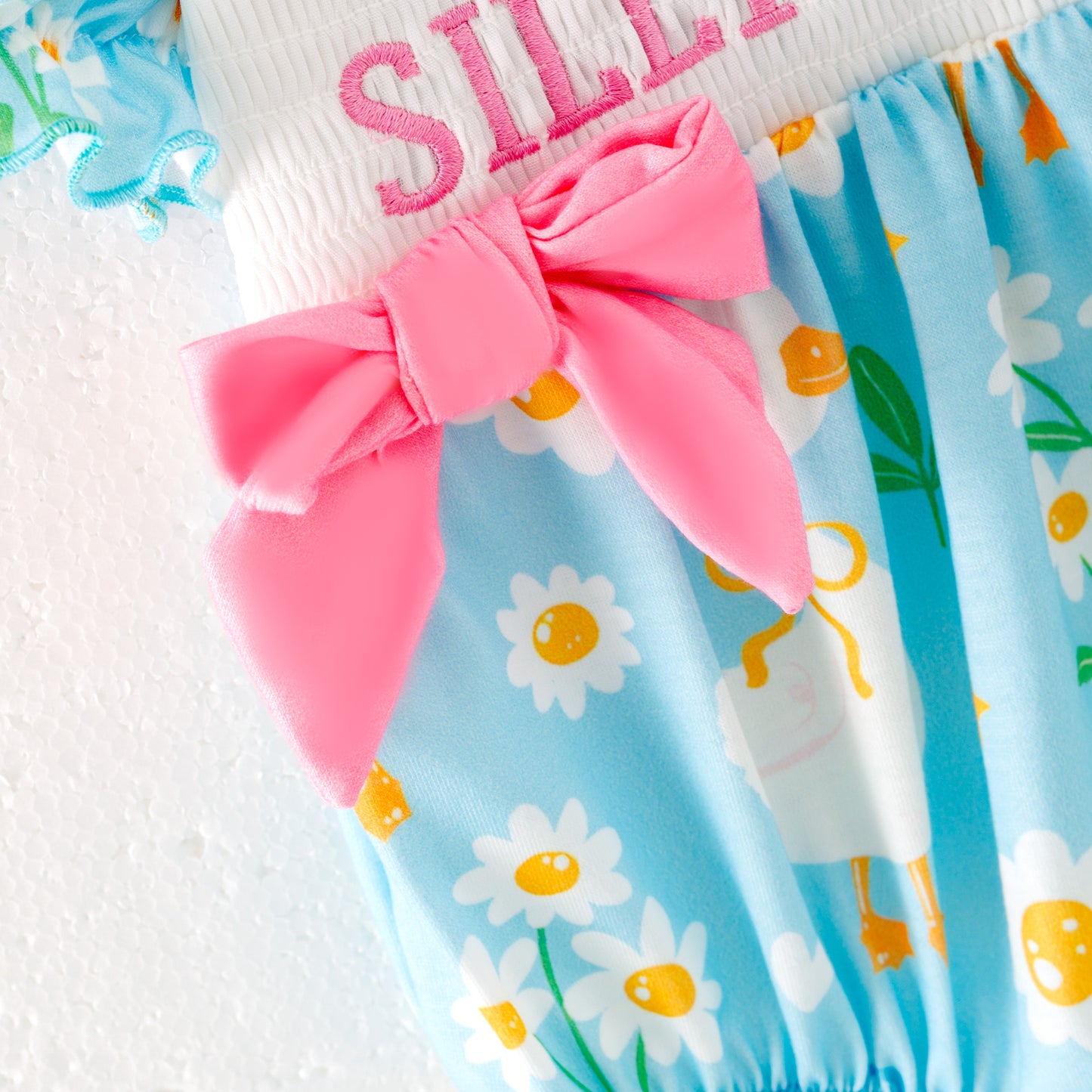 Baby Kids SILLY GOOSE Print Smocked Embroidered Romper