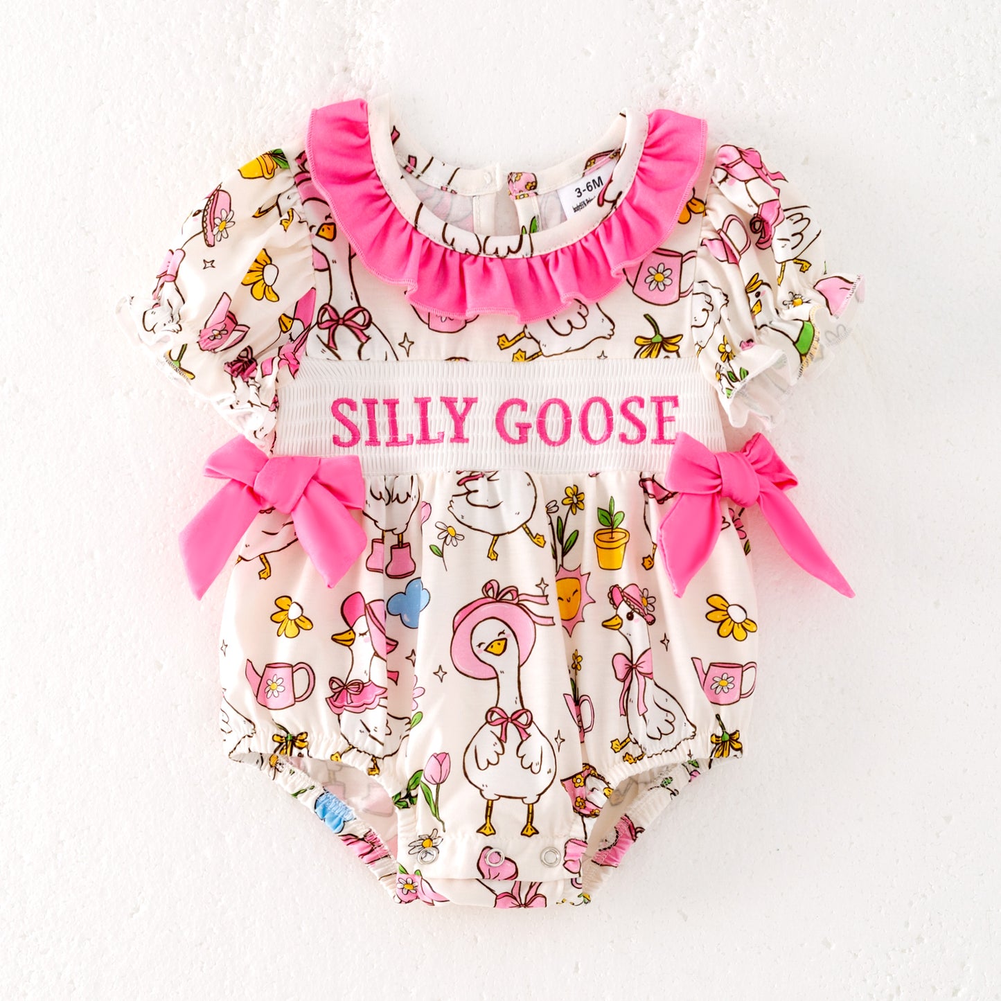 Baby Kids SILLY GOOSE Print Smocked Embroidered Romper