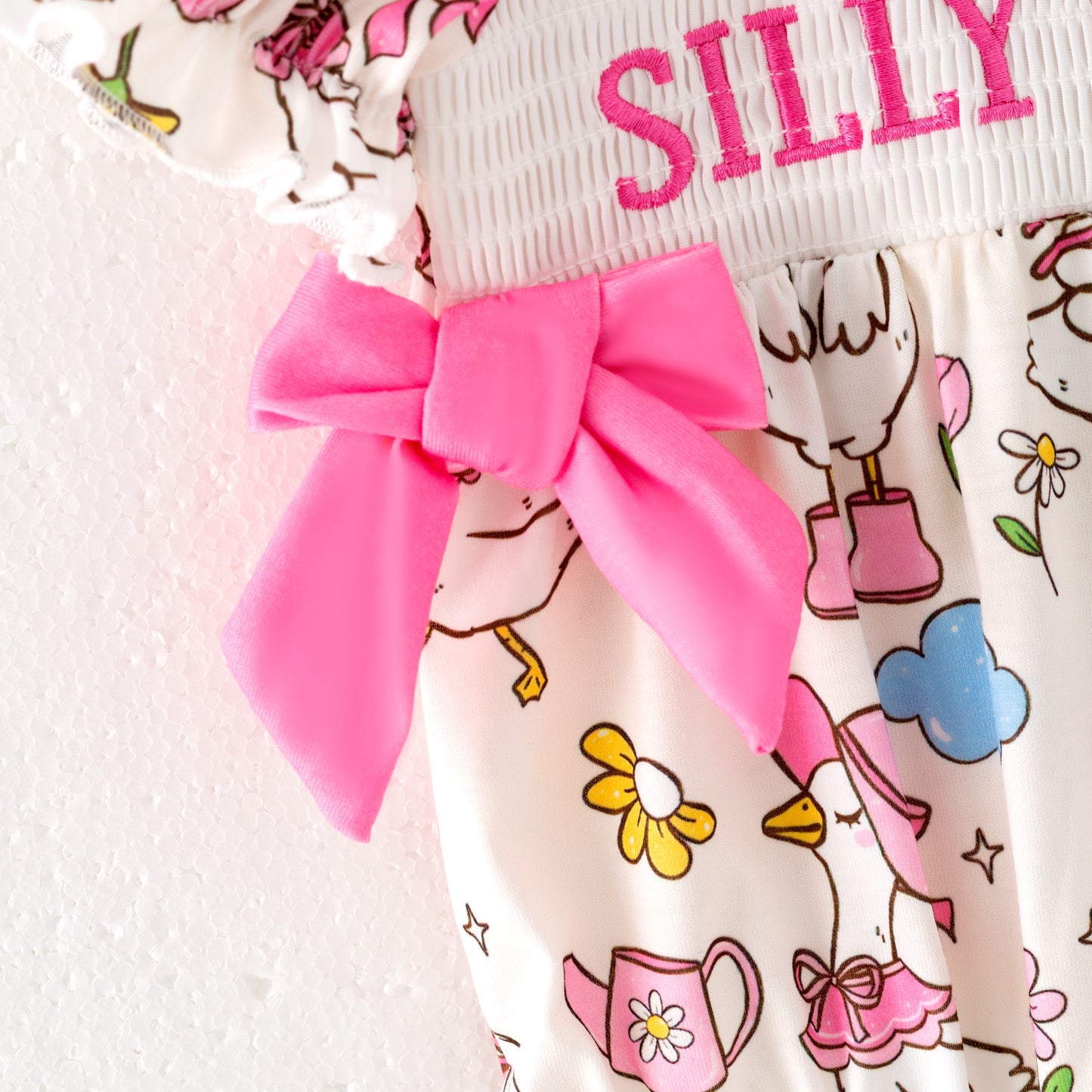 Baby Kids SILLY GOOSE Print Smocked Embroidered Romper