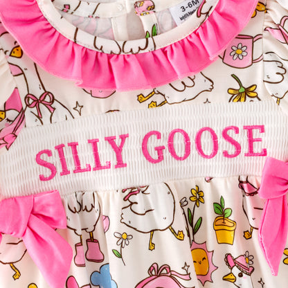 Baby Kids SILLY GOOSE Print Smocked Embroidered Romper