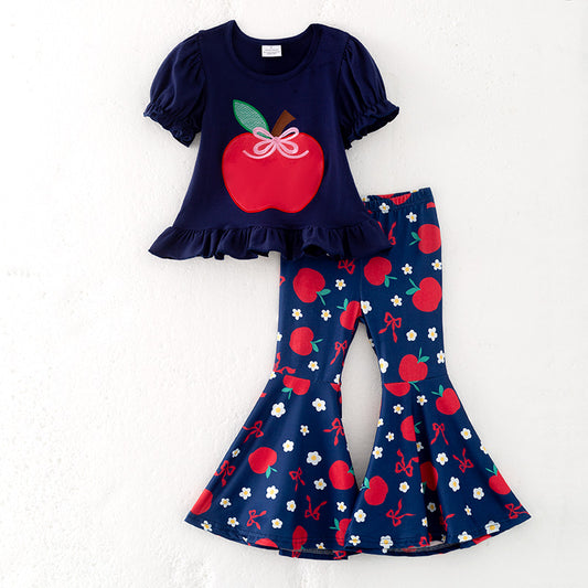 Girls Back To School Apple Print Bell Pant Set