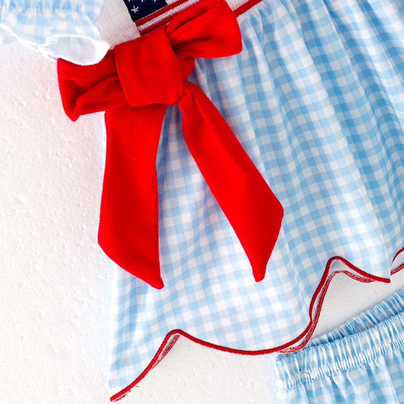 Baby Girls July 4th Flag Smocked Blue Plaid Romper Set