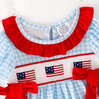 Baby Girls July 4th Flag Smocked Blue Plaid Romper Set