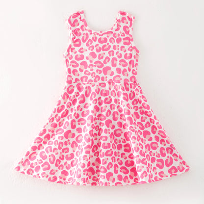 Girls Summer Pink Leopard Print Outdoor Athletic Twirl Dress