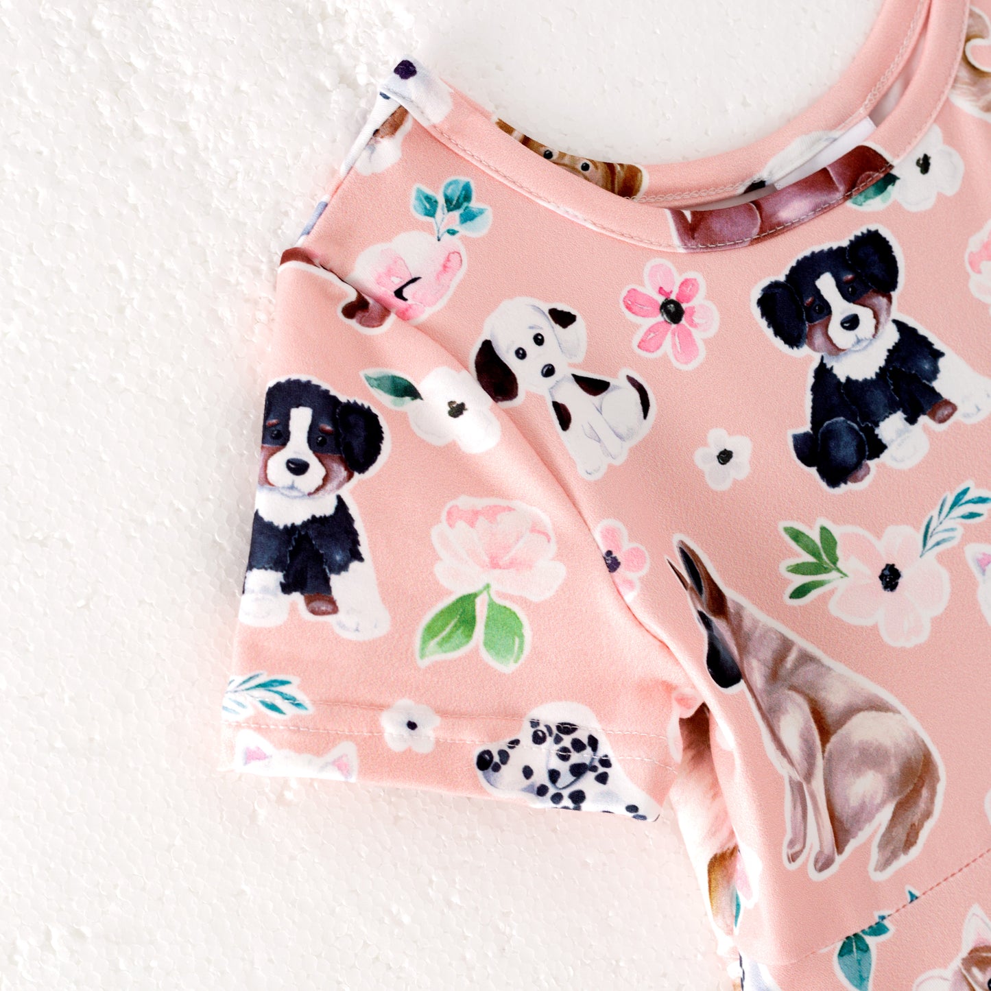 Girls Summer Pink Doggy Print Short Sleeves Twirl Dress