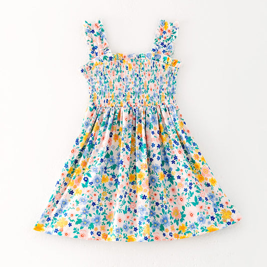 Girls Summer Floral Print Smocked Sleeveless Dress