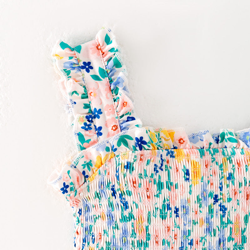 Girls Summer Floral Print Smocked Sleeveless Dress