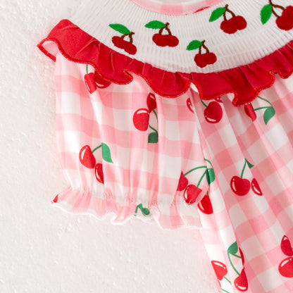 Baby Summer Cherry Embroidery Smocked Romper