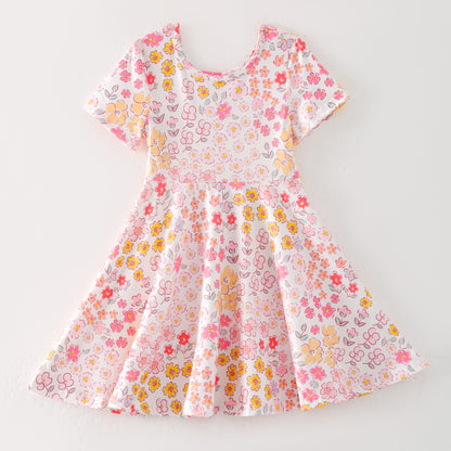 Girls Summer Pink Red Yellow Flower Print Twirl Dress
