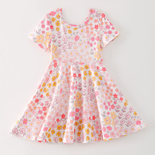 Girls Summer Pink Red Yellow Flower Print Twirl Dress