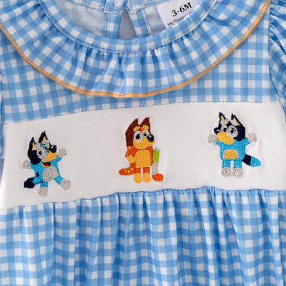 Blue Plaid Bluey Cartoon Embroidered Cute Romper For Girl Baby