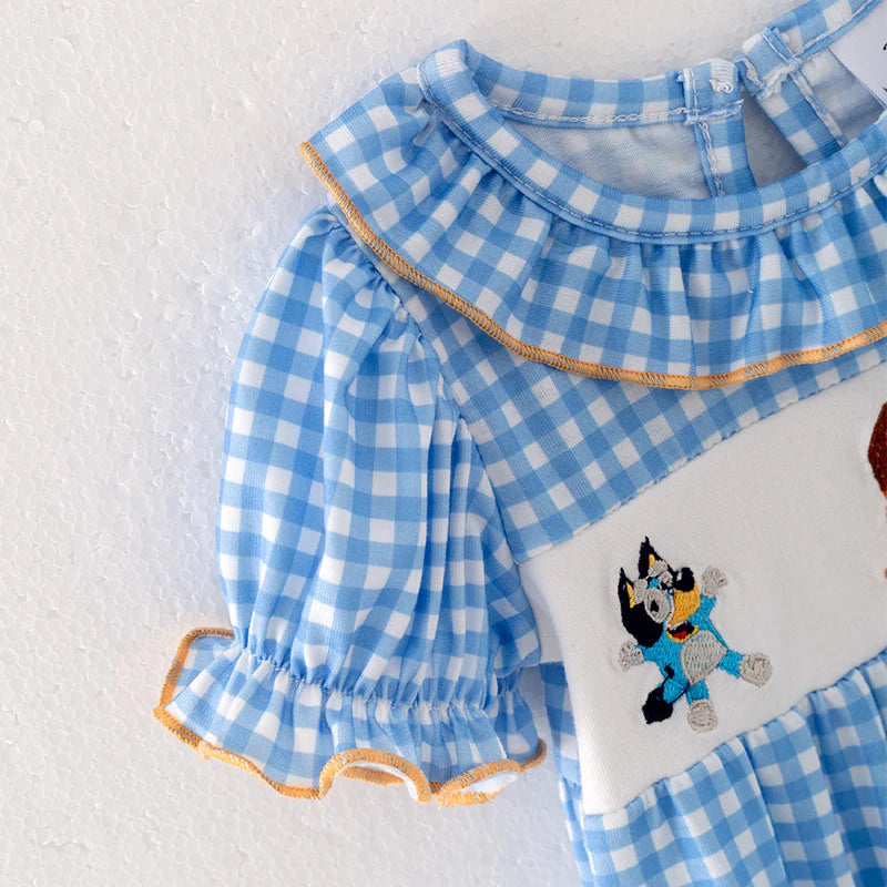 Blue Plaid Bluey Cartoon Embroidered Cute Romper For Girl Baby