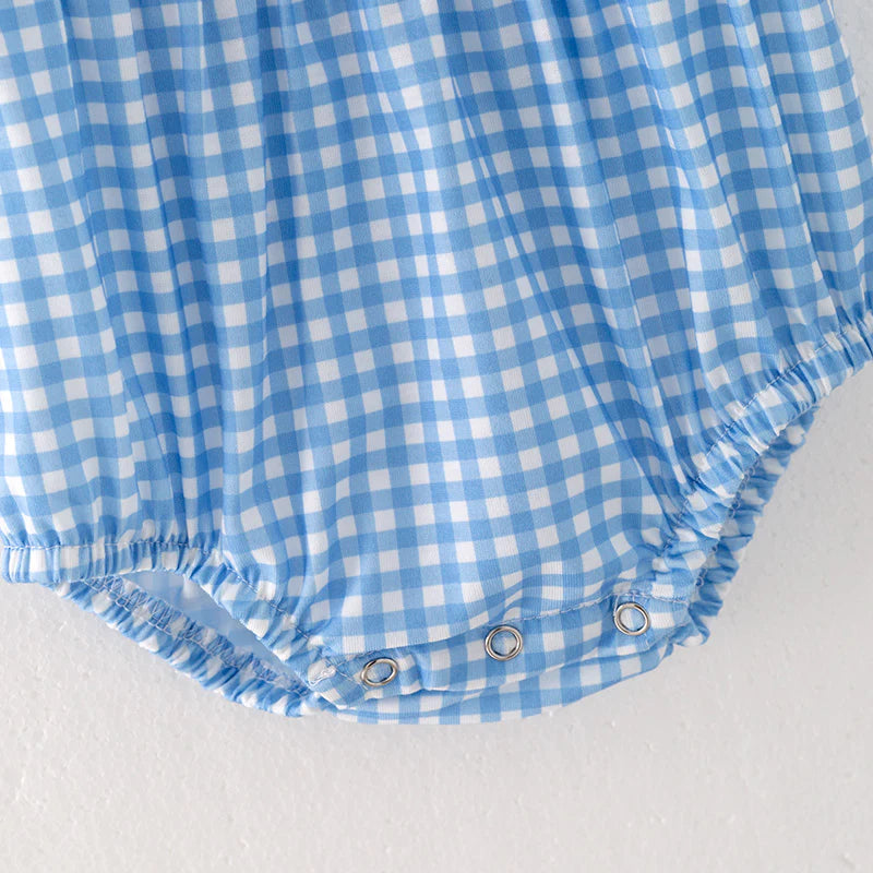 Blue Plaid Bluey Cartoon Embroidered Cute Romper For Girl Baby