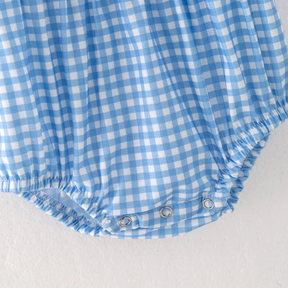 Blue Plaid Bluey Cartoon Embroidered Cute Romper For Girl Baby