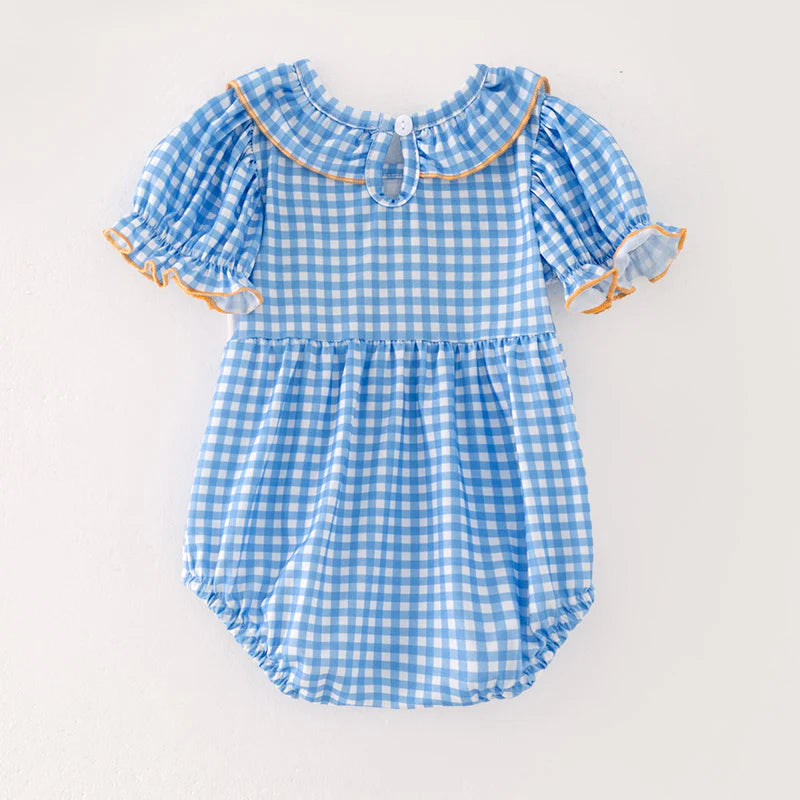 Blue Plaid Bluey Cartoon Embroidered Cute Romper For Girl Baby