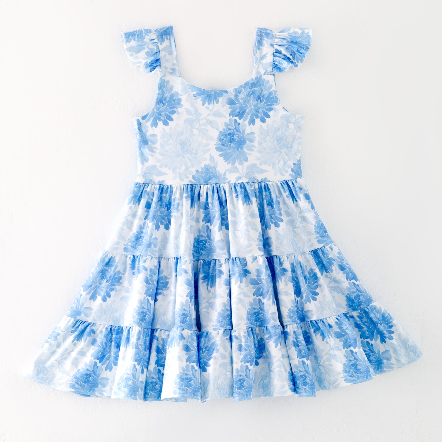 Girls Summer Blue Floral Print Patchwork Dress