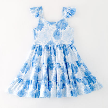Girls Summer Blue Floral Print Patchwork Dress