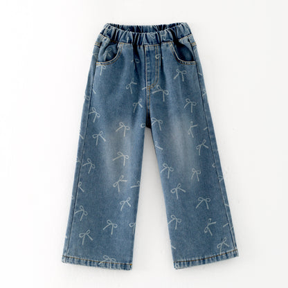 Girls Bow Print Lace Knot Slim-fit Kids' Jeans Elastic Pants