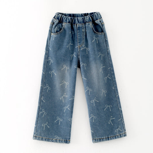Girls Bow Print Lace Knot Slim-fit Kids' Jeans Elastic Pants