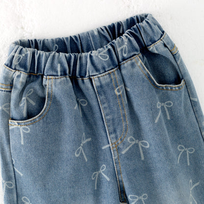 Girls Bow Print Lace Knot Slim-fit Kids' Jeans Elastic Pants