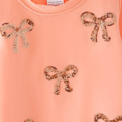 Girls Fal Autumn Coral Bow Long Sleeves Sequins Skirt Set