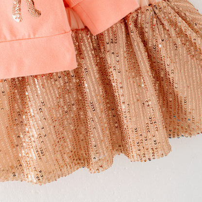 Girls Fal Autumn Coral Bow Long Sleeves Sequins Skirt Set
