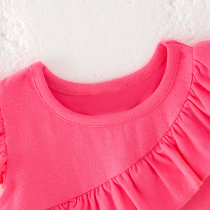 Girls Summer Hot Pink Floral Print Ruffled Short Set
