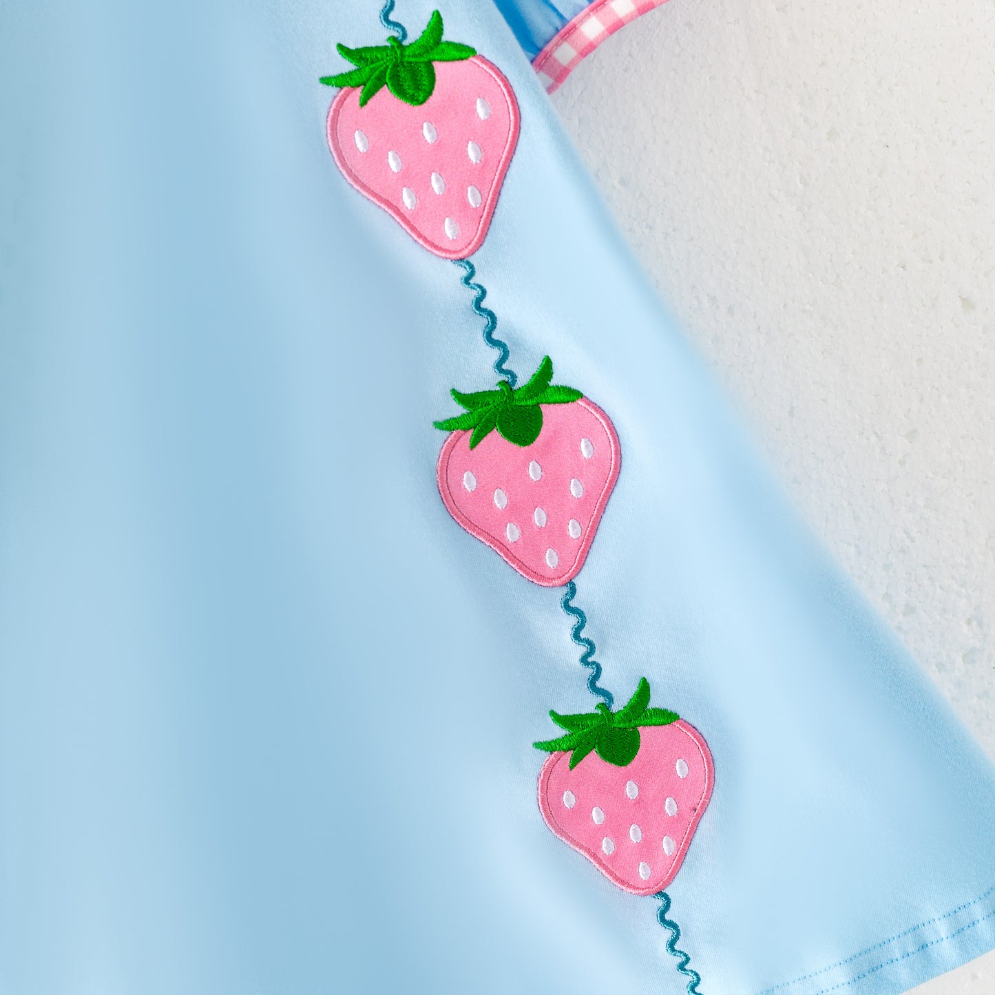 Girls Summer Strawberry Embroidery Blue Dress