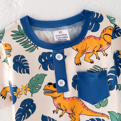 Boys Summer Fish Dinosour Goose Tree Print Pocket Shirt