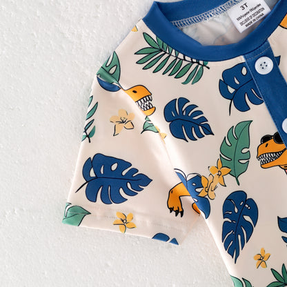 Boys Summer Fish Dinosour Goose Tree Print Pocket Shirt