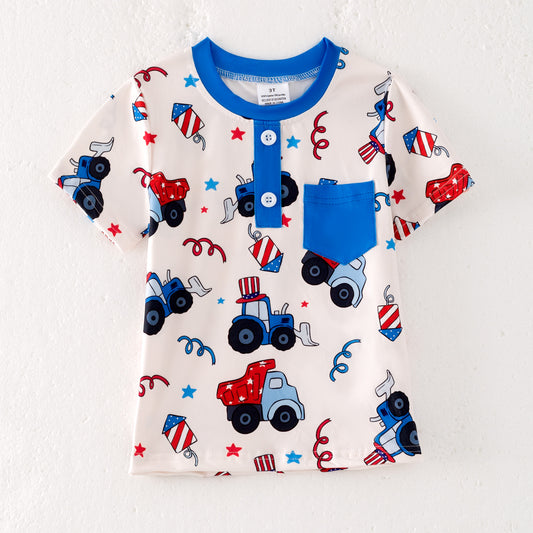 Boys 4th Of July Pocket Blue Red Truck T-Shirt