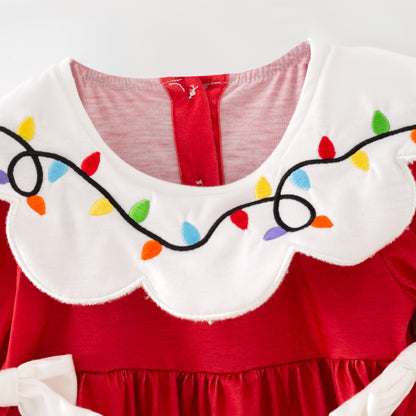 Christmas Lights Embroidered Sibling Set – Holiday Dress & Bubble