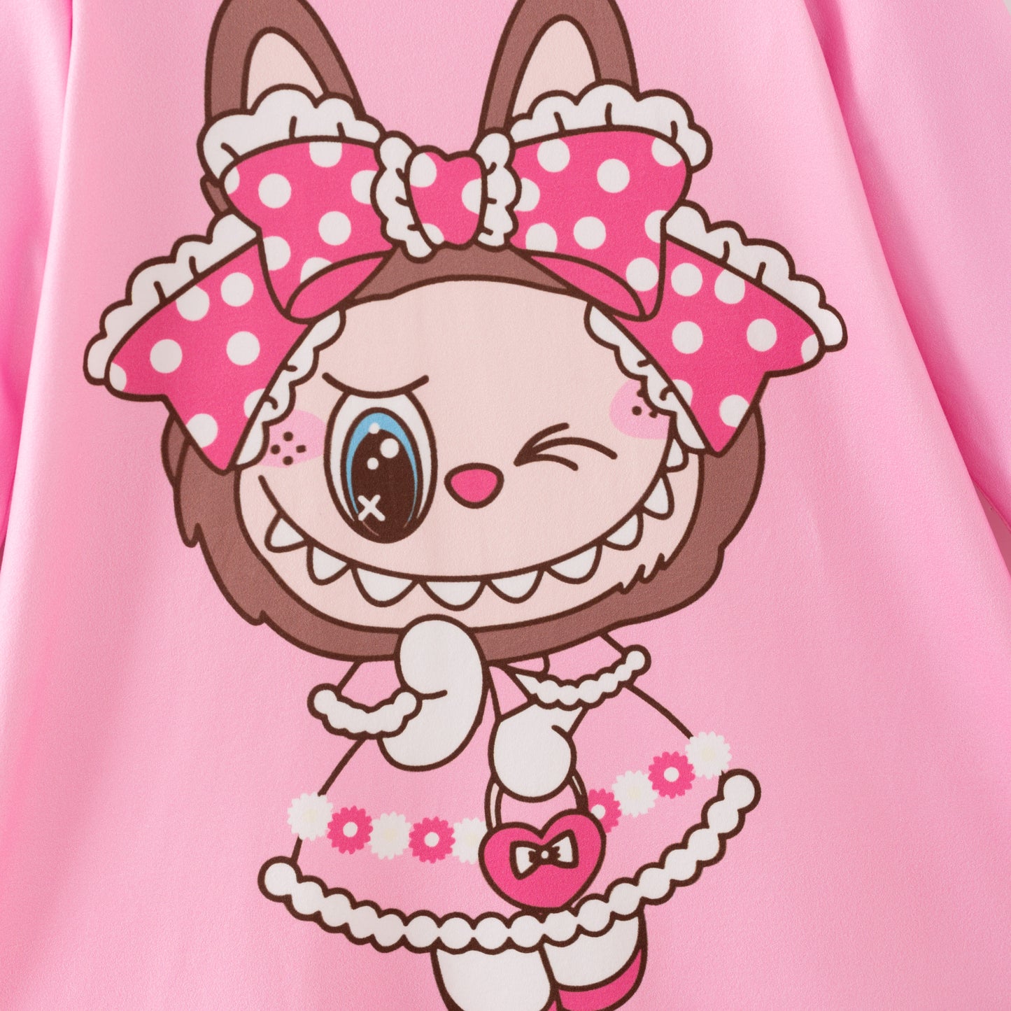 Girls Fall Pink Labubu Cartoon Long Sleeves Twirl Dress