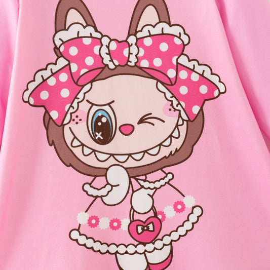 Girls Fall Pink Labubu Cartoon Long Sleeves Twirl Dress