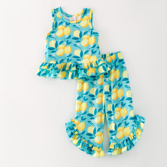 Girls Summer Fashion Lemon Ruffled Sleeveless Set