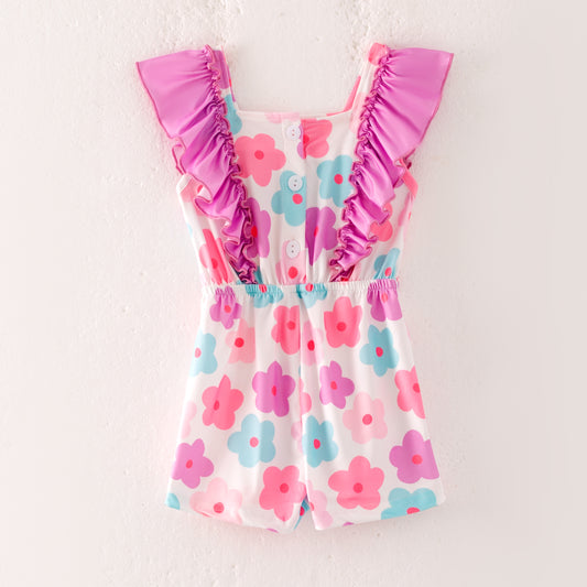 Girls Summer Fashion Pink Flower Print Ruffled Jumpsuit
