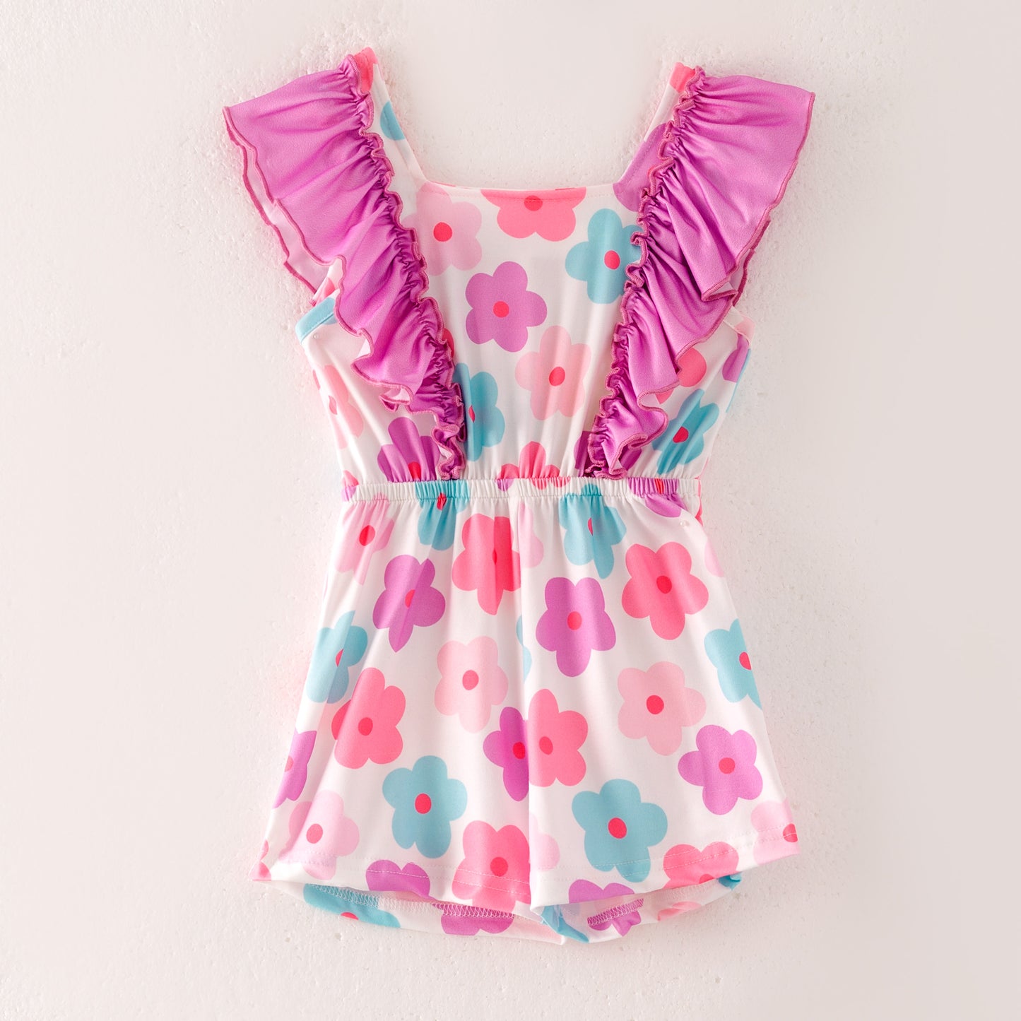 Girls Summer Fashion Pink Flower Print Ruffled Jumpsuit