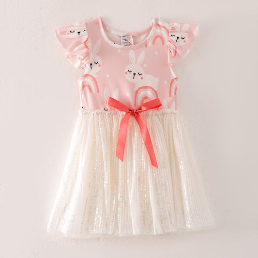 Girls Summer Bunny Rainbow White Sequins Dress
