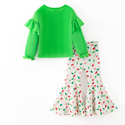 Girls Christmas Winter Pink Green Bow Printed Top + Pant Set
