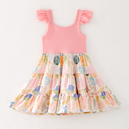 Girls Summer Pink Sea Themed Conch Print Patchwork Dress